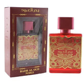 Red parfumfles en doos voor Fakhr Badr al Oud Noble parfumproduct